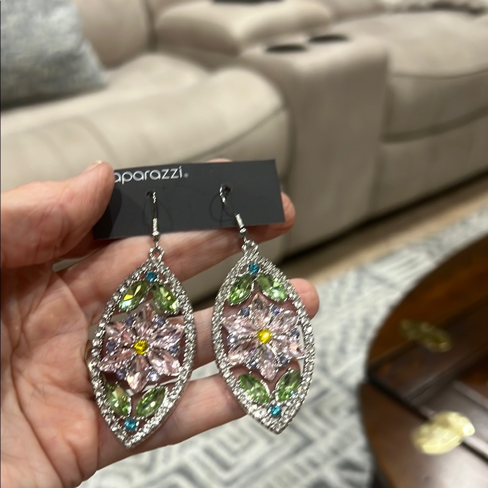 Paparazzi Silver and Green Floral sparkling dangle Earrings